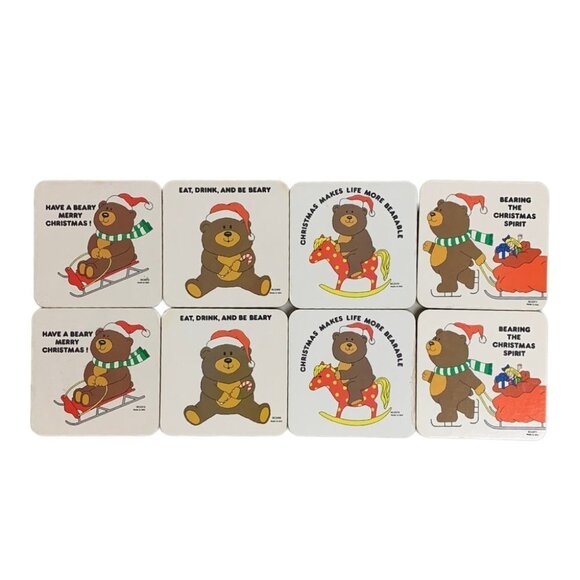 Vintage Christmas Coasters Bears Set Of 6 Winter Holiday  Decor - Picture 1 of 11